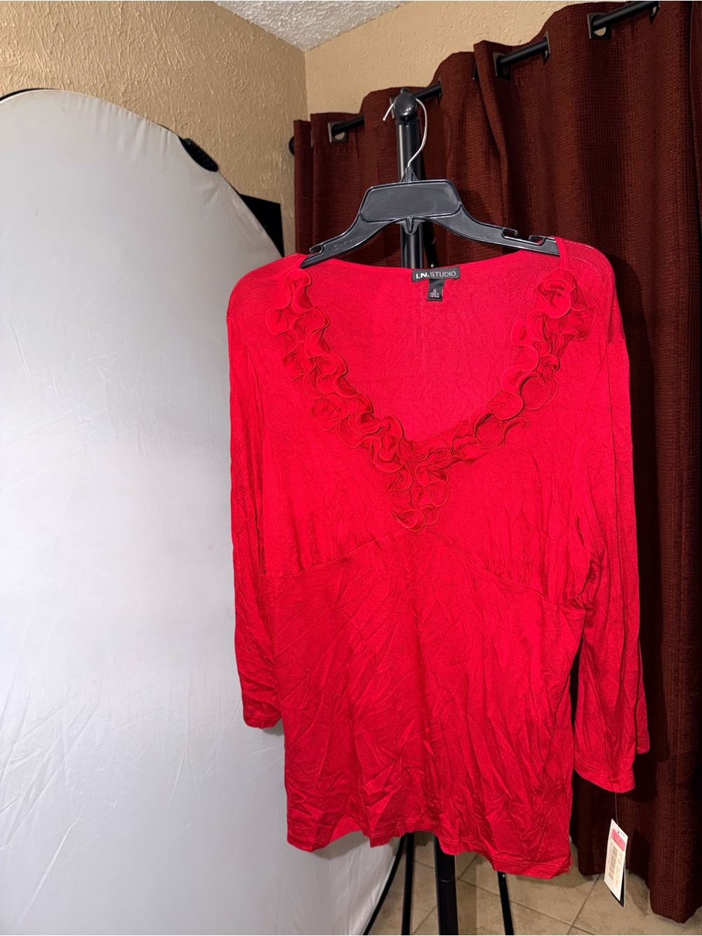 I.N. Studio Mi Bright Red Ruffle V-Neck Tunic